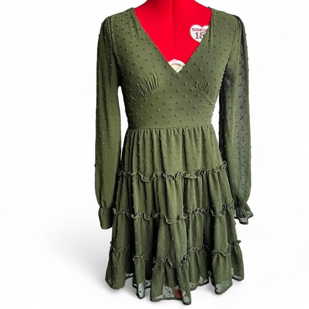 Altar'd State Green Boho V Neck Long Sleeves Dress With Ruffles & Swiss Dots XS
